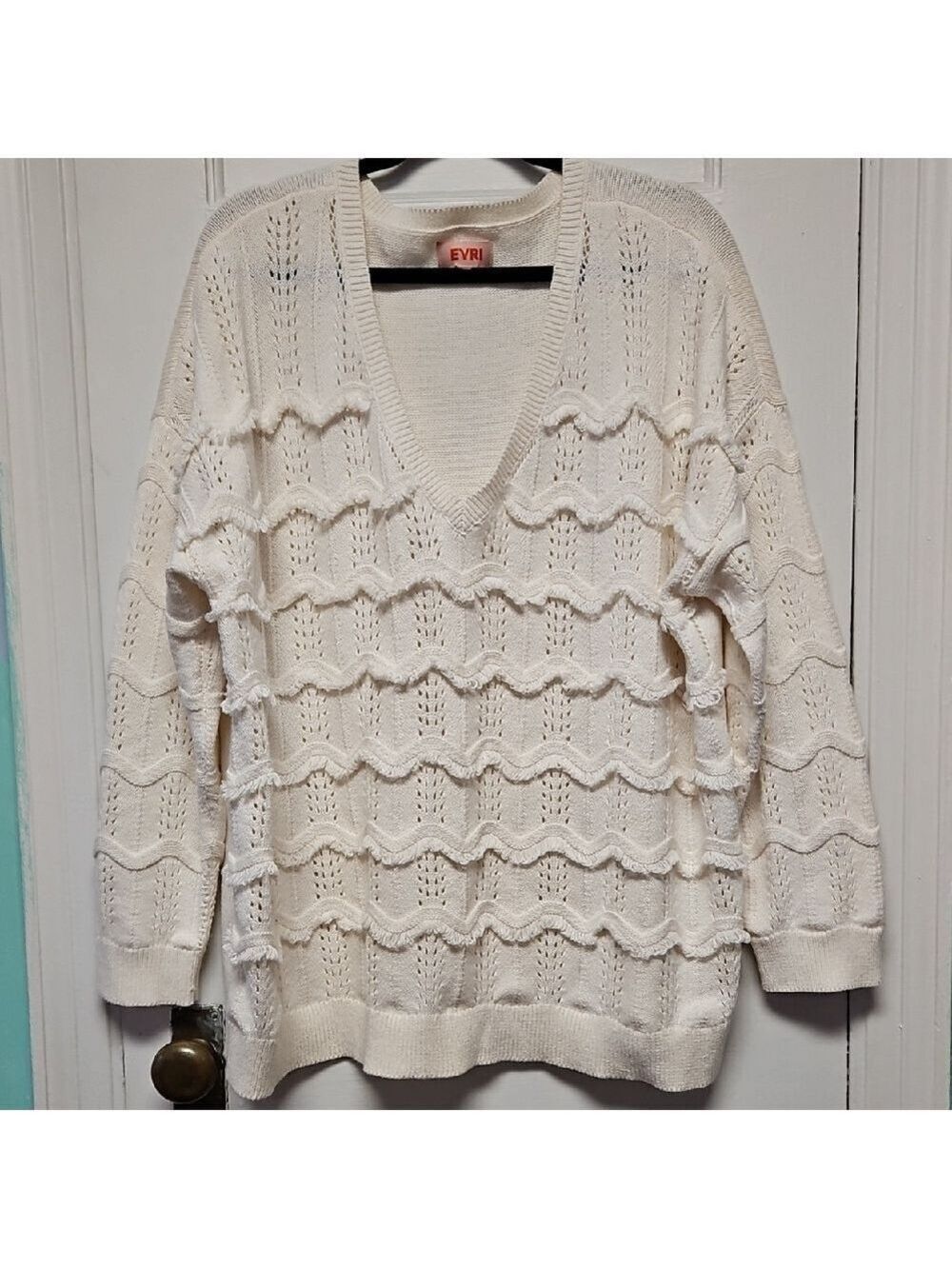 EVRI Women's V-Neck Pointelle & Raised Looped Fringe Sweater in Size 2XL